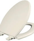 Premium Elongated Toilet Seat With Smooth Slow Close Lid Built Tough Durable Hardwood Frame No Slip Base Quick Snap Hinges Drop Dead Easy Mount Biscuit Color For Home Setup in open position.