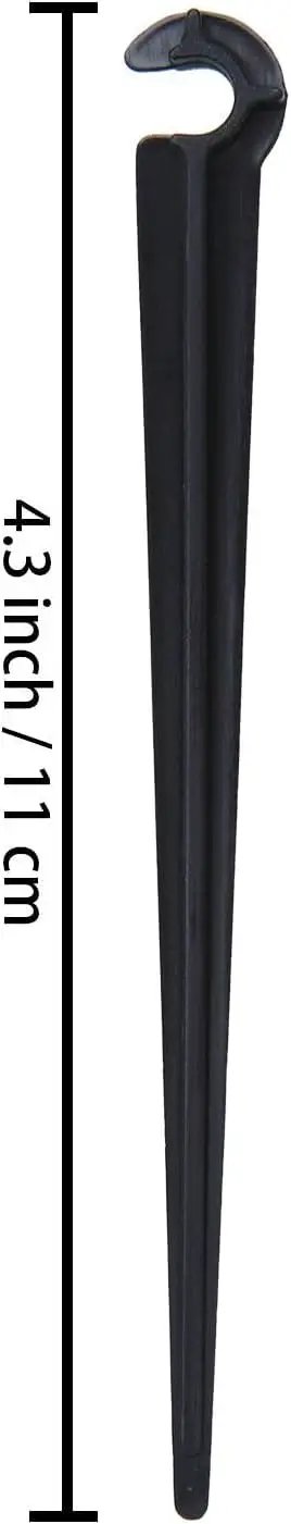 Single drip irrigation support stake, 4.3 inches long, black plastic, designed for 200 Pieces Drip Irrigation Support Stakes And Tubing Hose Holder For One Quarter Inch Tubing, Durable Black Garden Stakes For Vegetable Gardens And Flower Beds, Easy Fix, Secure Mount, Each About 4.3 Inches Long.