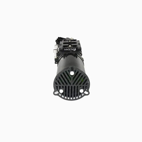 Front view of a cylindrical, black mechanical component with branding, possibly indicating technical specification or manufacturing detail.
