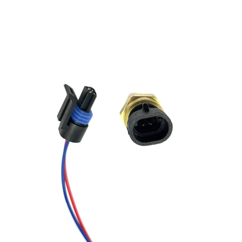 Engine coolant temperature sensor with pigtail connector, brass threaded body and black plastic sensor, blue/red wiring.