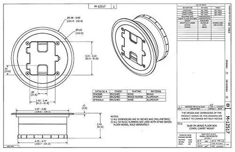 Technical drawing of preassembled flange cover and leveling ring for RF400 floor boxes, designed for concrete installation.