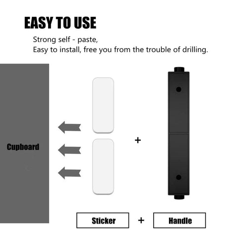 Installation guide for 16 Pack Self Stick Push Pull Helper ABS Plastic Wardrobe Handles showing adhesive and black handle layout.