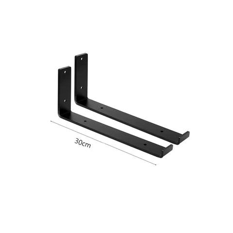 Six Piece Wall Mounted Iron Shelves Set With Heavy Duty Industrial Angle Brackets and Corner Braces, durable steel 30cm angle view.