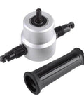 Power Drill Nibbler Attachment With 360 Degree Adjustable Double Head Metal Sheet Cutter And Wrench, silver and black components shown.
