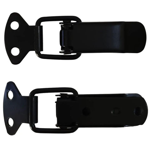 4 Pack Matte Black Spring Loaded Toggle Latch Clips For Boxes Cases Chests And Trunks Heavy Duty Weatherproof Catch Clamps For Indoor And Outdoor Use With 4.2mm Mounting Hole And 73.5mm Length, showing two clips from different angles