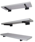 Hella Sturdy Black Industrial Floating Shelf Brackets Set Of Two Heavy Duty Wall Mount supports for three white shelves.