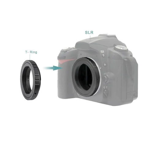 Pro Grade M42 T Ring For Nikon SLR Cameras - Upgraded Aluminum Build With Oxidized Finish shown aligning with Nikon SLR body