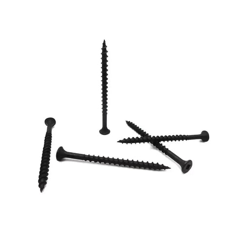 Heavy Duty Number Eight By Three Inch Drywall Screws Rock Solid Grip Coarse Thread Wood Fasteners on white background.