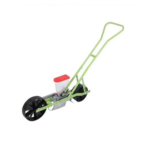 Corn Planter And Seed Drill For Easy Planting In The Garden Hand Seed Spreader Tool for Lawn and Farm visible in green and red