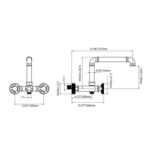 Diagram of Modern Industrial Pipe Wall Mounted Bathtub Filler Faucet With Hand Shower Three Handle Tub Faucet Swivel Spout Kit