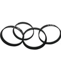 Four black 2GT ring synchronous drive belts 2M pitch for precision timing, lengths 100 to 3600 mm, widths 6, 10, 15 mm.