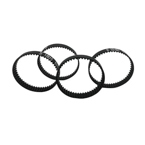 Four black 2GT ring synchronous drive belts 2M pitch for precision timing, lengths 100 to 3600 mm, widths 6, 10, 15 mm.