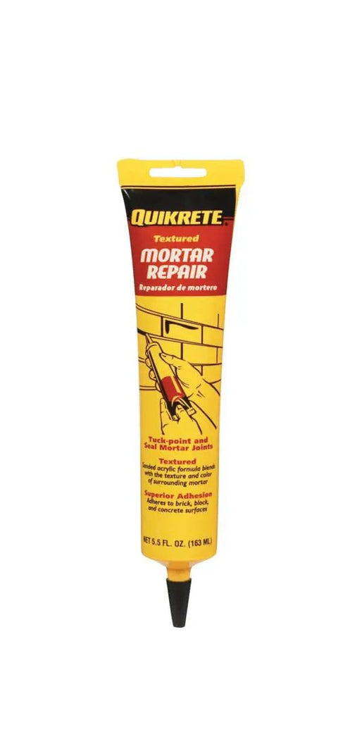Front view of Quikrete Mortar Repair tube, sanded acrylic formula for tuckpointing and sealing joints, 5.5 oz size.