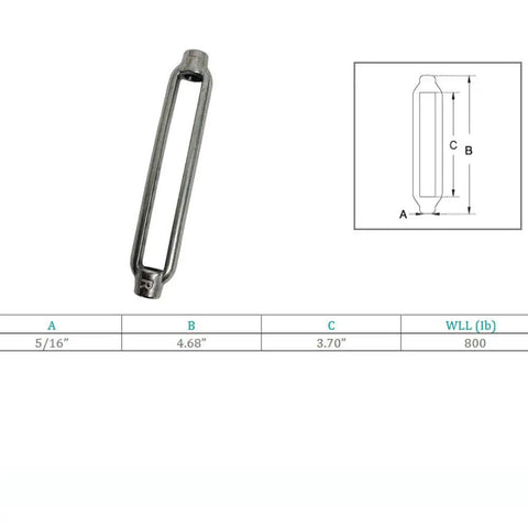 Top Shelf Marine Grade 316 Stainless Steel Turnbuckle Body measuring 4.68 inches, designed for heavy duty boat rigging.