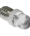 10 Pack 6V E10 Mini Led Bulbs Featuring E10 Wedge Base For No Sweat Plug And Play Install Killer For Diy Circuit Testing Home Electrical Rigs And Sweet Vintage Fixture Upgrades In Crisp White, close-up view of E10 LED bulb.