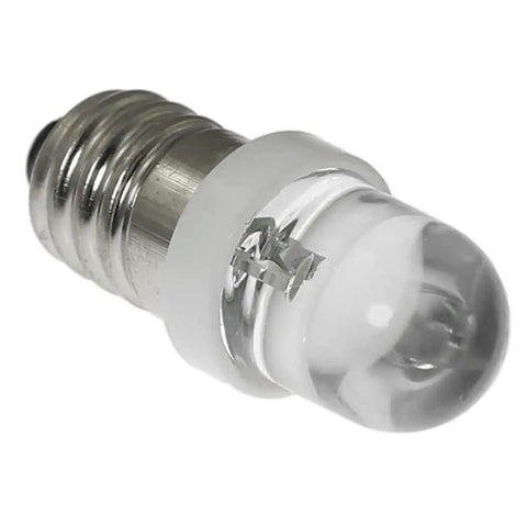 10 Pack 6V E10 Mini Led Bulbs Featuring E10 Wedge Base For No Sweat Plug And Play Install Killer For Diy Circuit Testing Home Electrical Rigs And Sweet Vintage Fixture Upgrades In Crisp White, close-up view of E10 LED bulb.