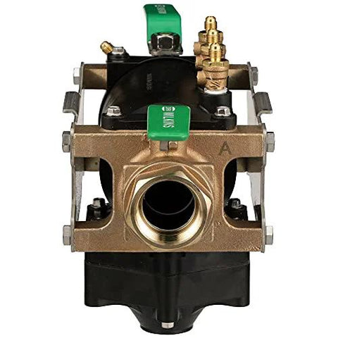 Front view of Wilkins 2-375XLFT RPZ backflow preventer with brass body, green test cocks, 2-inch FNPT.