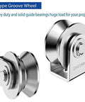 Rock Solid 2 Inch V Groove Pulley Pack Premium 304 Stainless Steel Cable Rollers Built Tough for Heavy Duty Rigging and Smooth Rope Control Tasks, featuring dual ball bearings.