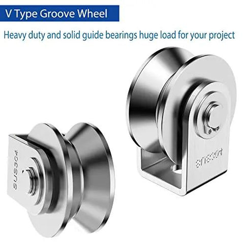 Rock Solid 2 Inch V Groove Pulley Pack Premium 304 Stainless Steel Cable Rollers Built Tough for Heavy Duty Rigging and Smooth Rope Control Tasks, featuring dual ball bearings.