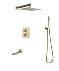Brushed Gold Wall Mounted Shower System With Large Rainfall Head And Detachable Handheld Super Smooth Pressure Flow Instant Temperature Control Total Bathroom Glow Up Built Like A Tank For Everyday Luxury, showcasing shower head, control panel, and handheld sprayer.