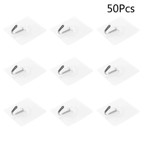Heavy Duty Plastic Utility Hooks With Rock Solid Self Adhesive Backing For Damage Free Wall Mounting Reusable Bathroom Hangers. 50 pack.
