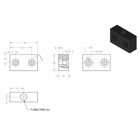 Heavy Duty T8 Acme Lead Screw Nut Block For 8mm Linear Guides With Hella Smooth Brass Or POM Flange Mount technical drawing dimensions.