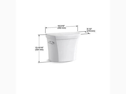 Side view of 1.28 GPF Toilet Tank Only White with Left-Hand Chrome Trip Lever, showing dimensions and compatible with K-4199 or K-5393 bowls.