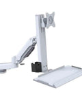 Level Up Your Desk Game With This Top Tier White Dual Monitor Arm Featuring Buttery Smooth Gas Springs And Swivel Storage Trays For Peak Gaming And Work Vibes, showcasing white aluminum construction with a swivel tray.