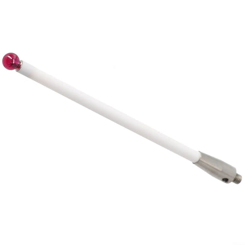 Side view of white ceramic stem for CMM probe with 6mm pink ball tip and metal threaded connector, 100mm length
