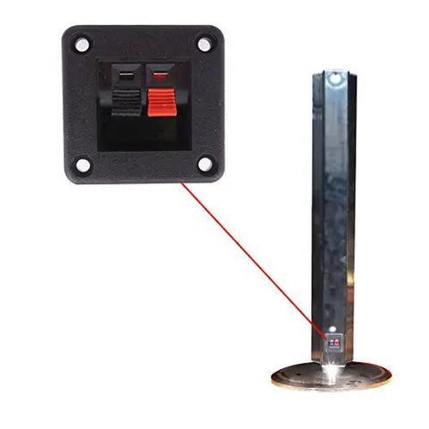 Close-up of Push Type Speaker Terminal Block with Spring Clip 2 Position 2 Pins for PCB Mount Connector in black and red.