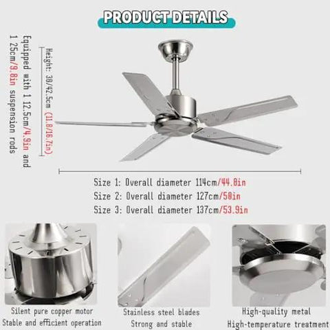 Large 127Cm Remote Control Ceiling Fan With Five Noiseless Blades And Rustproof Steel Build Delivers Heavy Duty Quiet Cooling To Keep Your Home Smooth And Breezy, showing product details and materials.