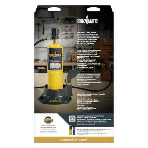 Packaging of Pro Grade Precision Flame Hand Torch With Adjustable Heat For MAP Pro Propane Fuel, showcasing features and design.