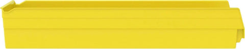 Side view of a yellow plastic nesting shelf bin, part of Plastic Nesting Shelf Bins Set 24 Inch By 11 Inch By 4 Inch Yellow 6 Pack Tough Storage Boxes.