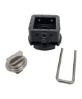 Heavy Duty EV To EVX Motor Adapter Kit parts including black plastic component, metal clip, and attachment hardware.