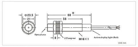 Go-To Proximity Switch And Photoelectric Sensor Kit For Precise Object Detection, 10cm Range, Diffuse Reflection Infrared Sensor, DC 6 To 36V, 3 Wire NPN NO Output, Noncontact Displacement Sensing For Industrial Automation And Robotics, M18x1 drawing