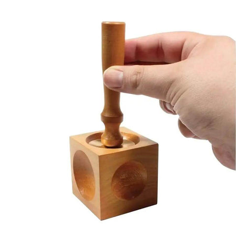 Square Wood Dapping Block Punch Kit For DIY Doming Shaping And Stamping Jewelry Blanks Perfect For Copper Gold Silver Aluminum Sheets Includes 1 Block And 2 Punches Concave Block For Smooth Forming held in hand