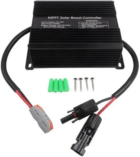 Built Tough 1000W Solar Charge Controller 24V To 72V with wires and connectors for solar power setups.