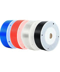 Top Shelf Polyurethane Tubing For Pneumatic Air Hose Systems in blue, red, white, and black rolls, ideal for compressor usage.