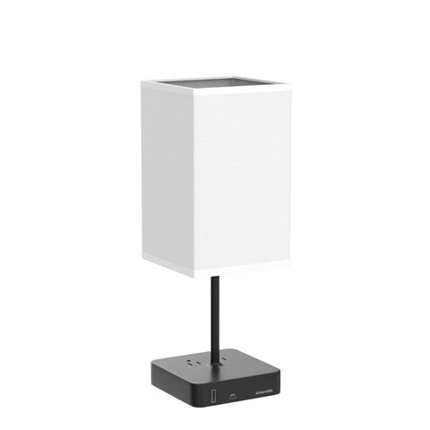 Touch Control Bedside Table Lamp With USB-C USB-A Ports And Two AC Outlets, LED Desk Light With Black Fabric Shade, white finish