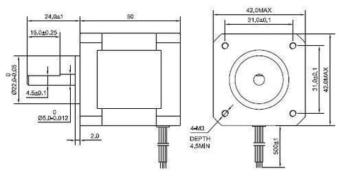 Technical drawing of High Torque Nema 17 Bipolar Stepper Motor with dimensions and wiring details for 3D printers and CNC.