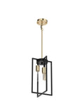 Dope Industrial Farmhouse 3 Light Pendant Fixture in Black and Gold with Rectangular Geometric Metal Cage, Adjustable Rods