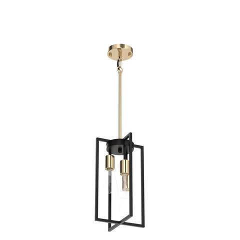 Dope Industrial Farmhouse 3 Light Pendant Fixture in Black and Gold with Rectangular Geometric Metal Cage, Adjustable Rods