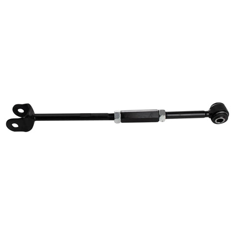 Side view of TRQ rear suspension link arm for 2006–2012 Toyota, black steel with adjustable center