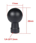 Aluminum 17mm ball head mount with one quarter inch screw adapters for action cameras, phones, GPS, durable lightweight stand bracket.