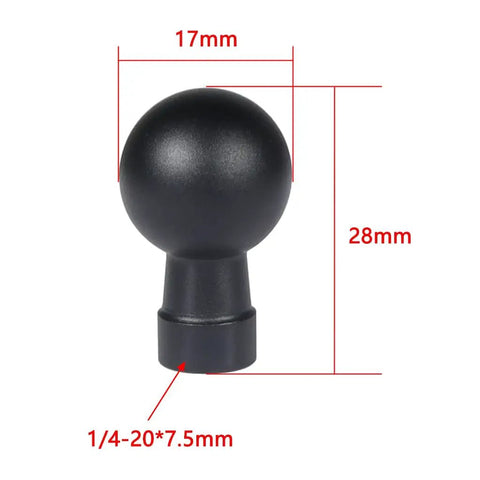 Aluminum 17mm ball head mount with one quarter inch screw adapters for action cameras, phones, GPS, durable lightweight stand bracket.