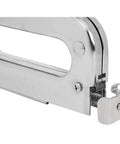 Close-up of Heavy Duty Staple Gun With Rear Load Magazine For Voice And Data Cables And Wiring, chromed steel build detail.