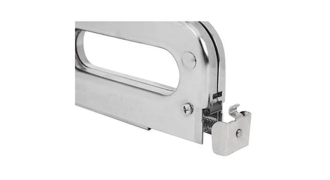 Close-up of Heavy Duty Staple Gun With Rear Load Magazine For Voice And Data Cables And Wiring, chromed steel build detail.