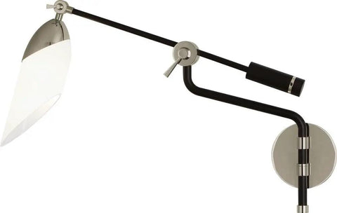 Level Up Your Interior Game With This Sick One Light Swing Arm Wall Sconce Decked Out In Matte Black And Modern Brass Details Paired With A Bright White Glass Shade For Smooth Lighting Vibes Anywhere, featuring matte black arm and bracket with white glass shade.