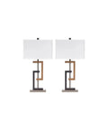 2-Pack Contemporary Table Lamps Set With Faux Wood Geometric Bases, 28.75 Inch Tall, Brushed Silver Finish, Square Fabric Shades