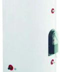 Heavy Duty 1000 Liter Active Split Solar Water Heater With Dual Coil Stainless Steel Tank and 120 Evacuated Vacuum Tubes For Serious Hot Water Needs SRCC Certified, side view of white tank.